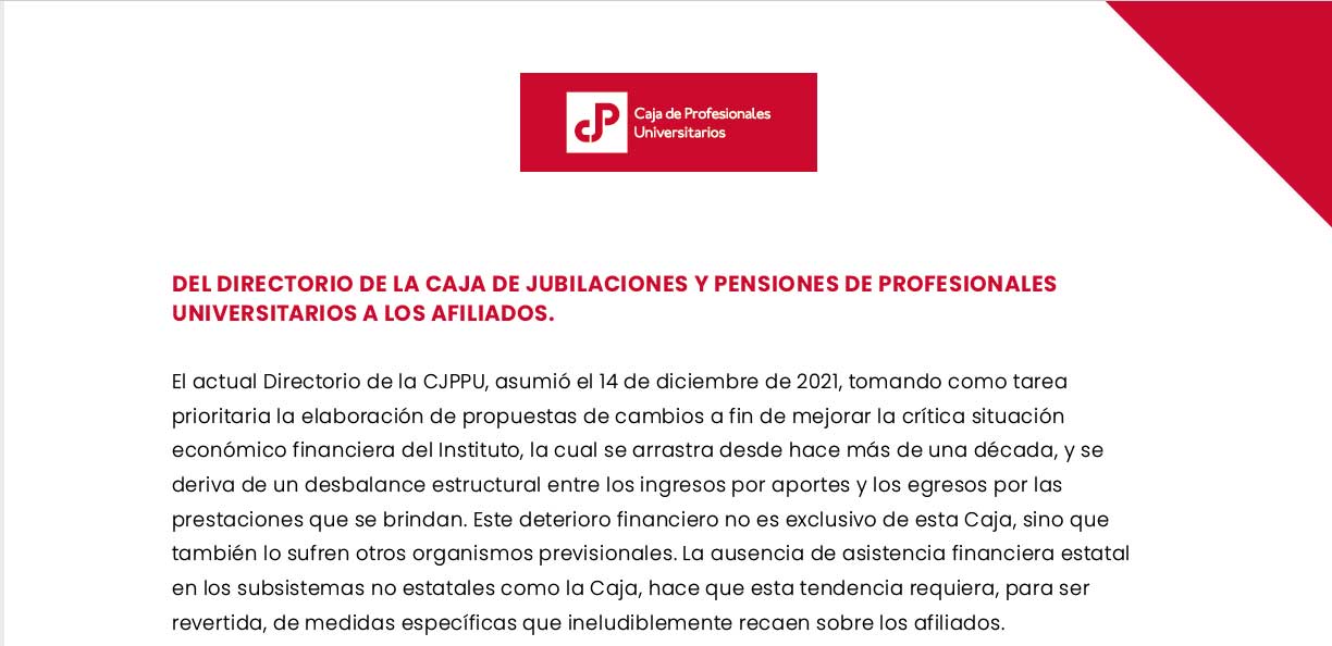 DEL DIRECTORIO DE LA CAJA DE JUBILACIONES Y PENSIONES DE PROFESIONALES UNIVERSITARIOS A LOS AFILIADOS.